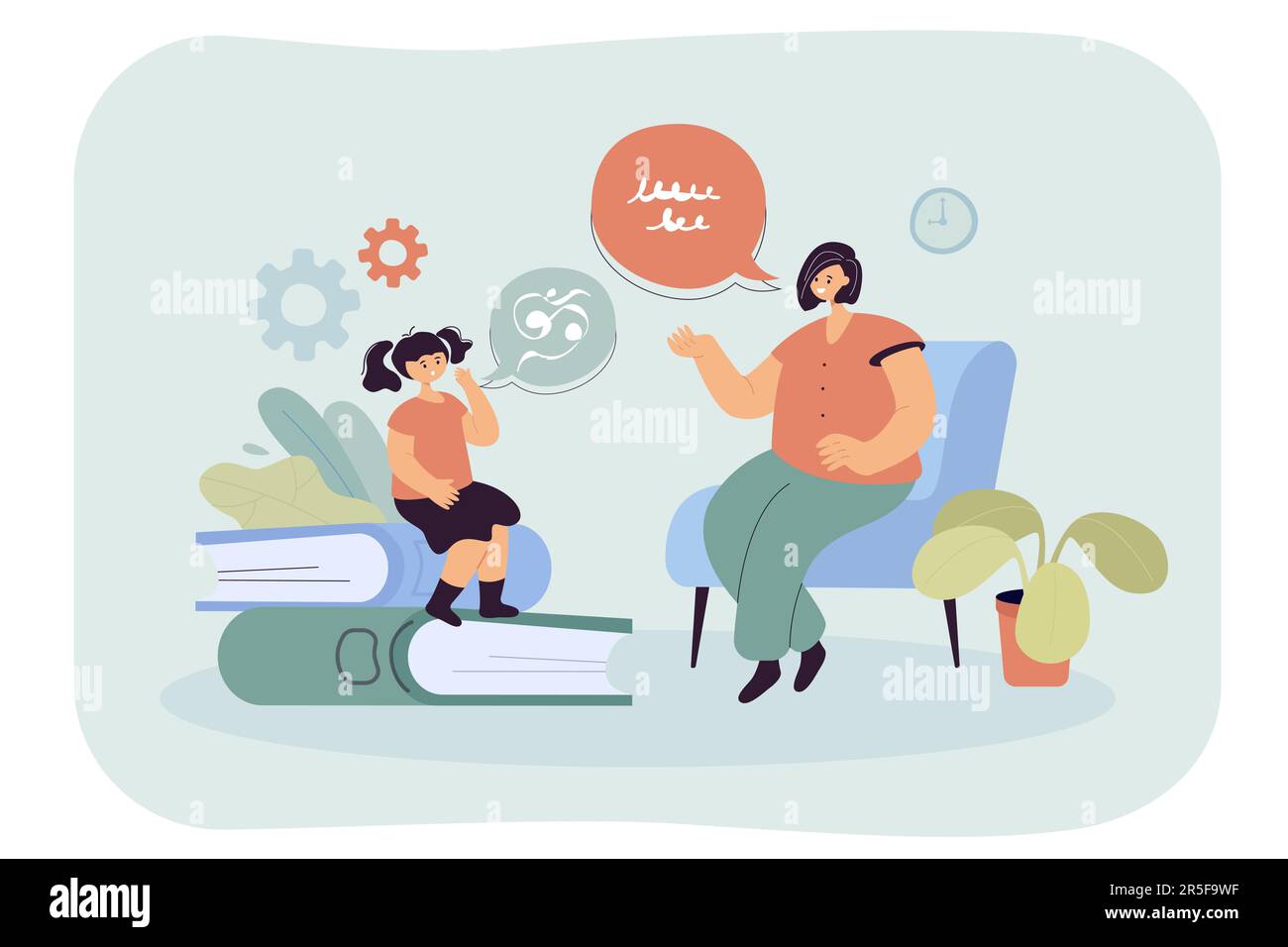 Narrative speech therapist and her little client articulating Stock