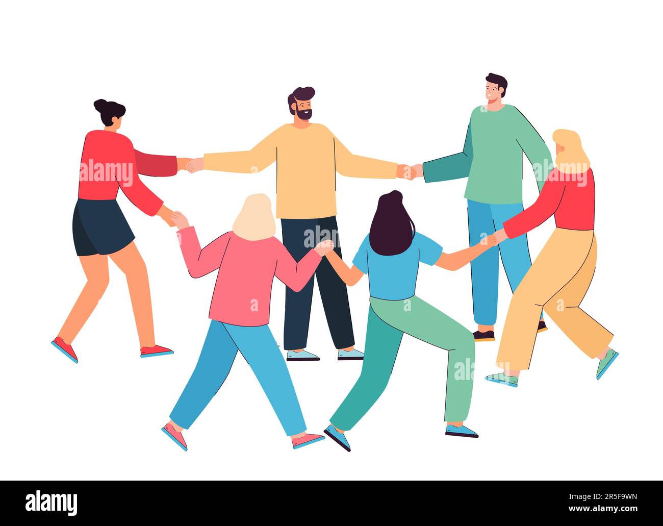 Adult people holding each others hand and leading round dance Stock