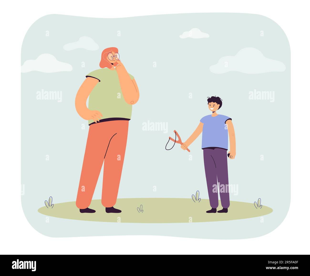 Woman worried about naughty boy with slingshot Stock Vector