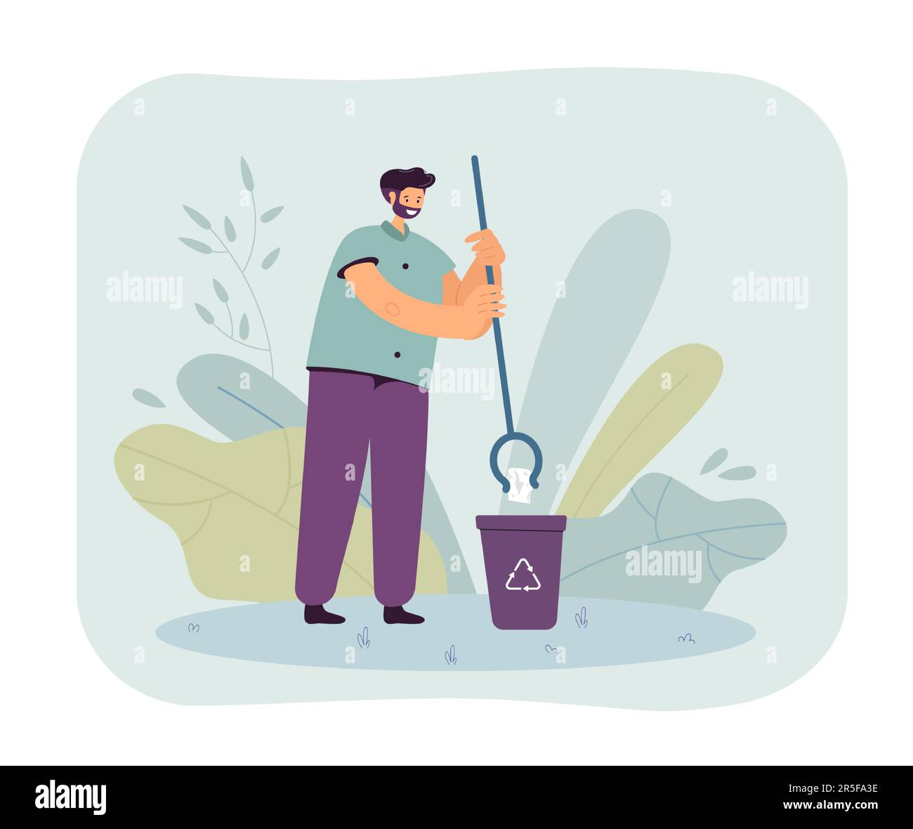 Volunteer with garbage picker putting litter into recycle bin Stock