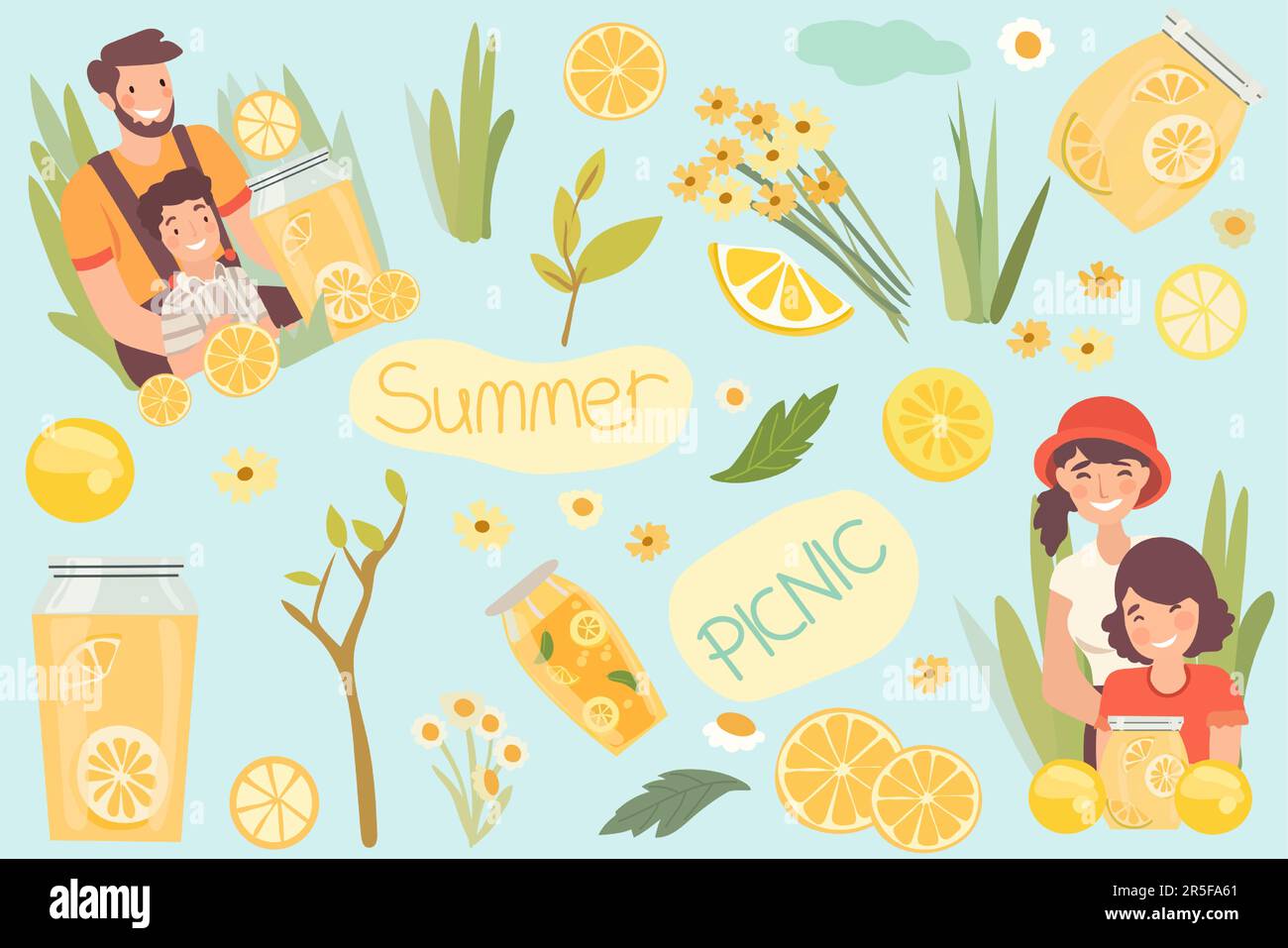 Happy family enjoys the outdoors while sipping refreshing lemonade and sharing moments of joy.Fruit drink, mother, father and child, flowers.Picnic on the nature.Poster for your design. Vector. Stock Vector