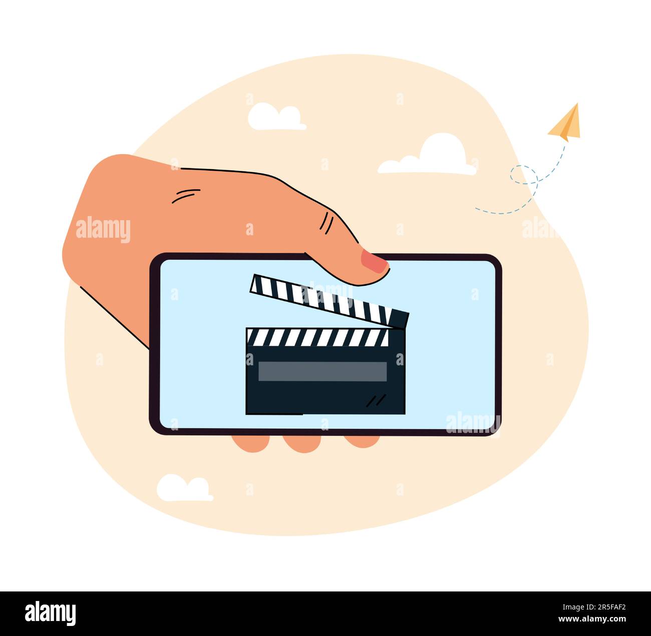 Human hand holding huge smartphone with clapper on screen Stock Vector