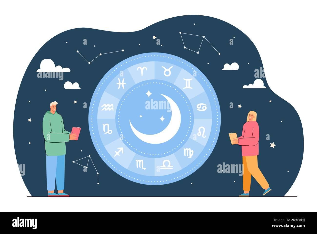 Man and woman looking at star signs in sky and reading horoscope Stock Vector