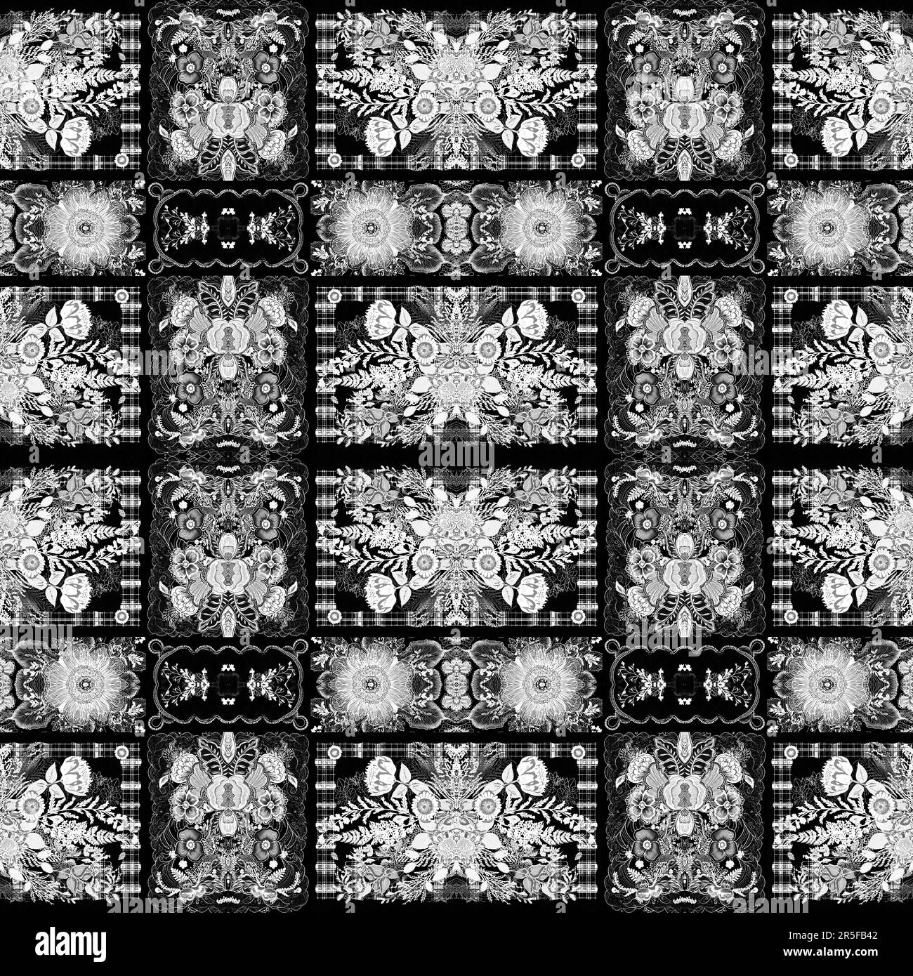 Intricate black and white lace folk flower pattern with an elegant ...