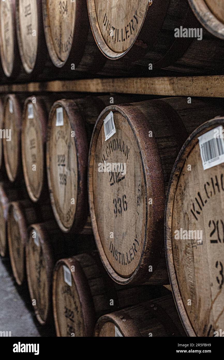 Barrels maturing in the warehouse at the Kilchoman distillery , Islay, Scotland. Stock Photo