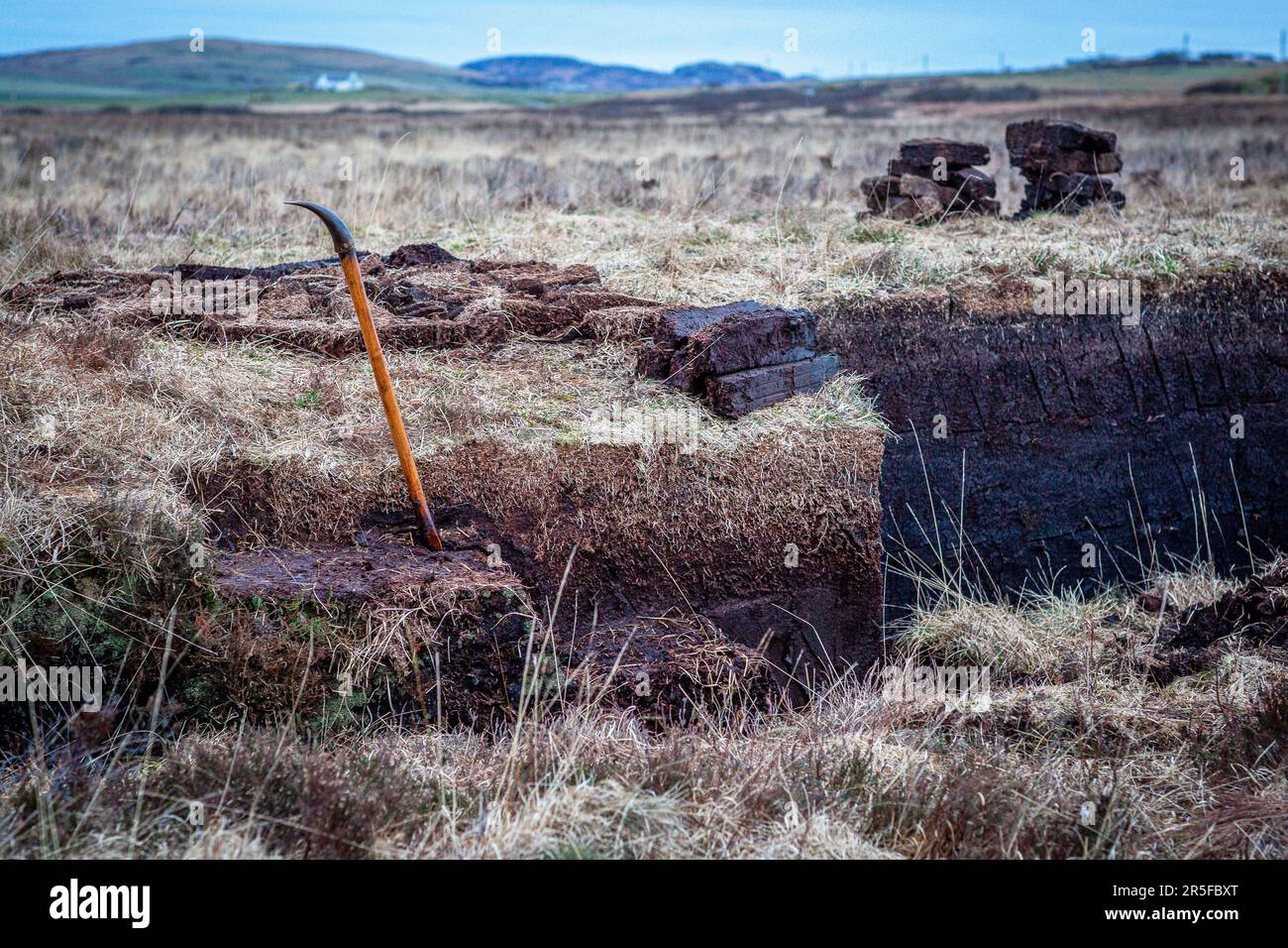 cutted peat at the banks of Loch Gorm in Islay , Scotland Stock Photo
