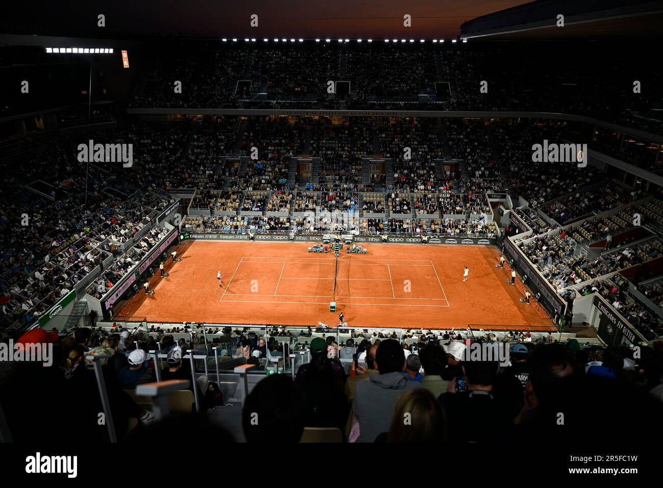 Paris, France. 02nd June, 2023. General view illustration on central center court Philippe Chatrier (night session) during the French Open, Grand Slam tennis tournament on June 2, 2023 at Roland Garros stadium in Paris, France. Credit: Victor Joly/Alamy Live News Stock Photo