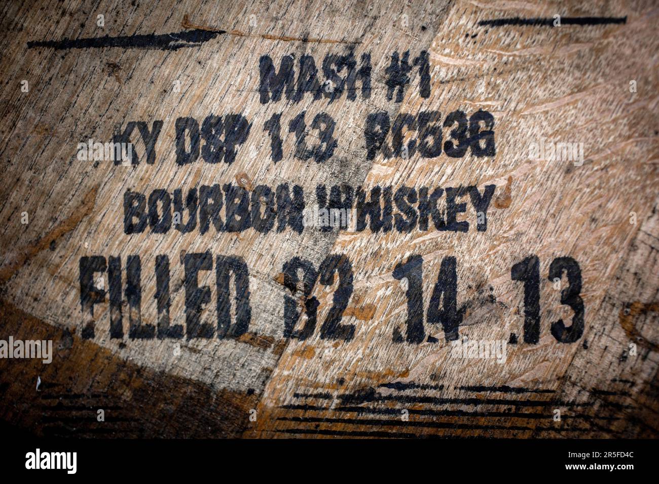 Closeup of top of a barrel with bourbon whiskey at  Kilchoman distillery , Islay, Scotland Stock Photo
