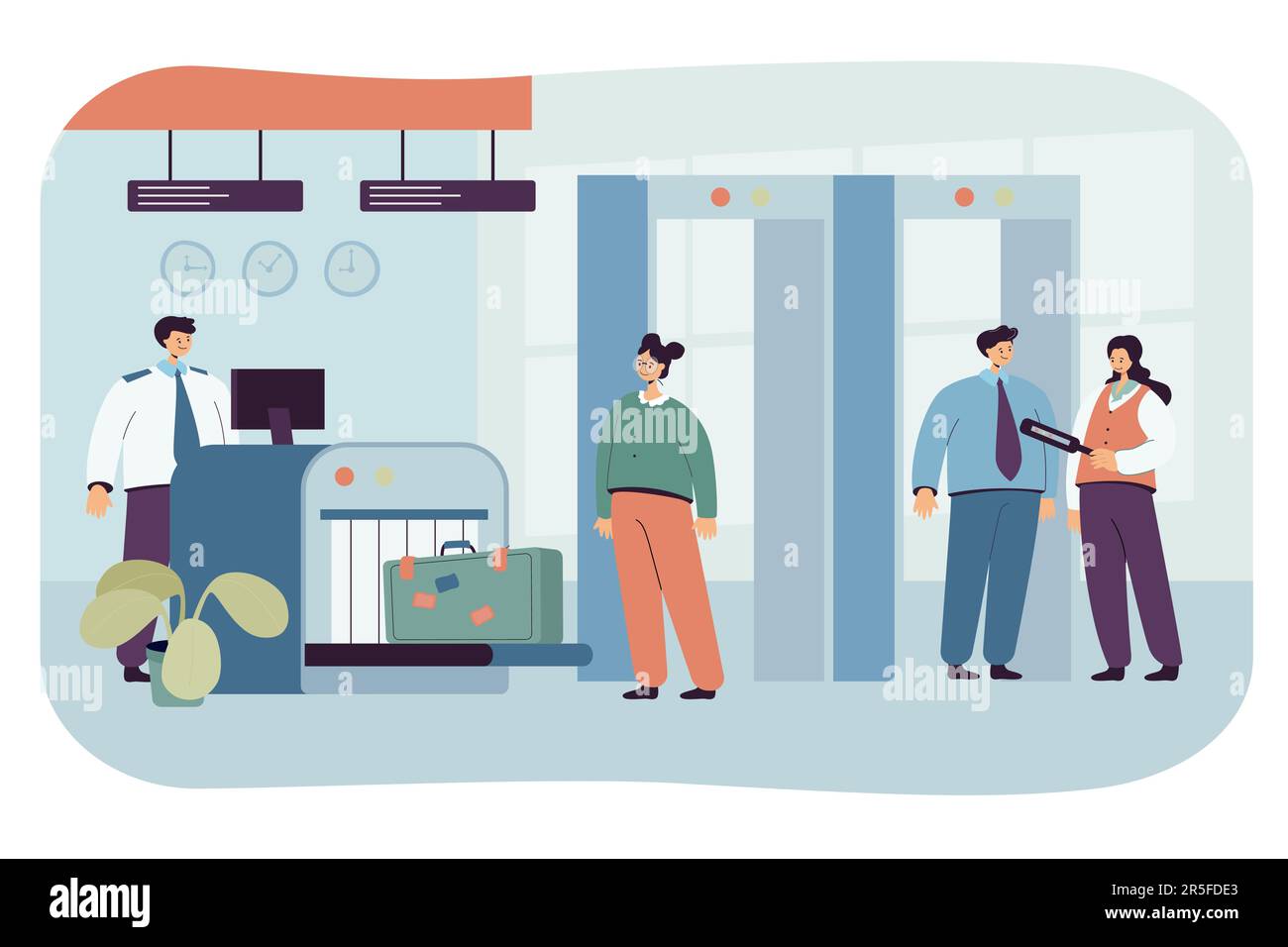 Airport security conducting check of passengers and luggage Stock