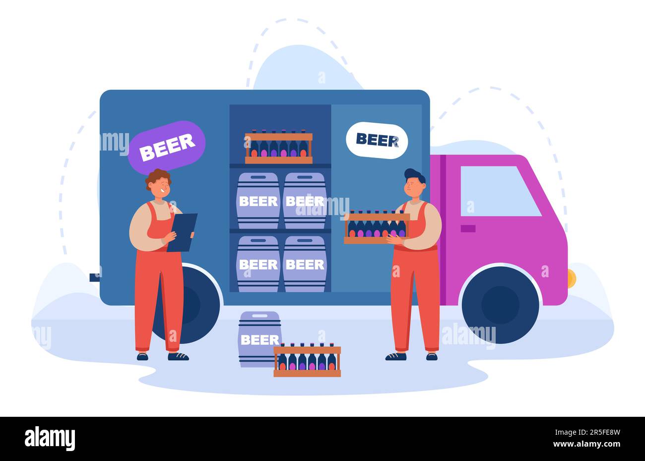 Couriers delivering stacks of bottles and kegs with fresh beer Stock Vector