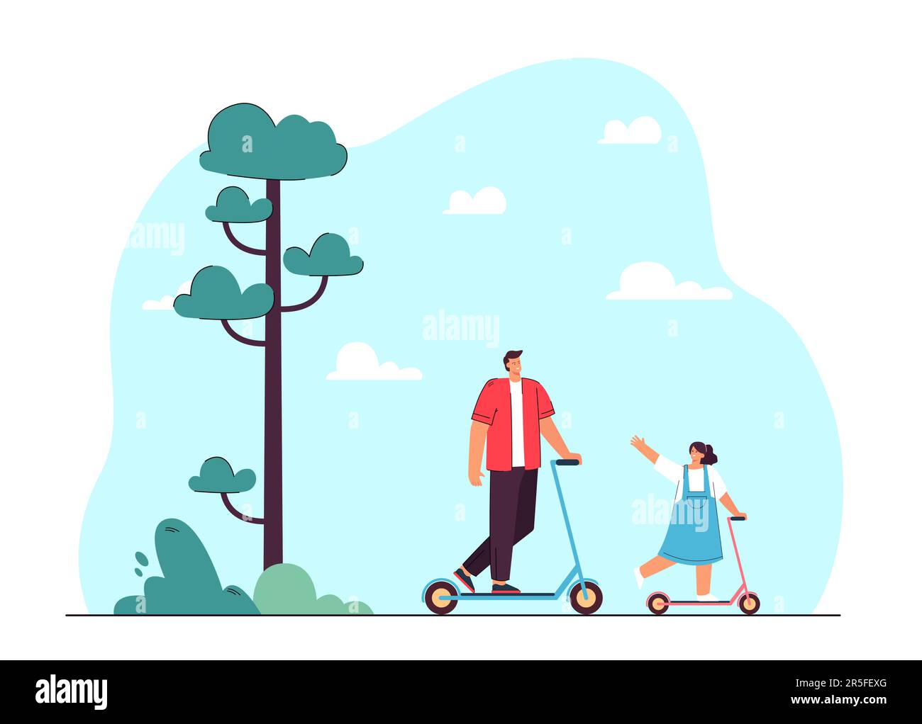 Cartoon man and girl riding scooters Stock Vector