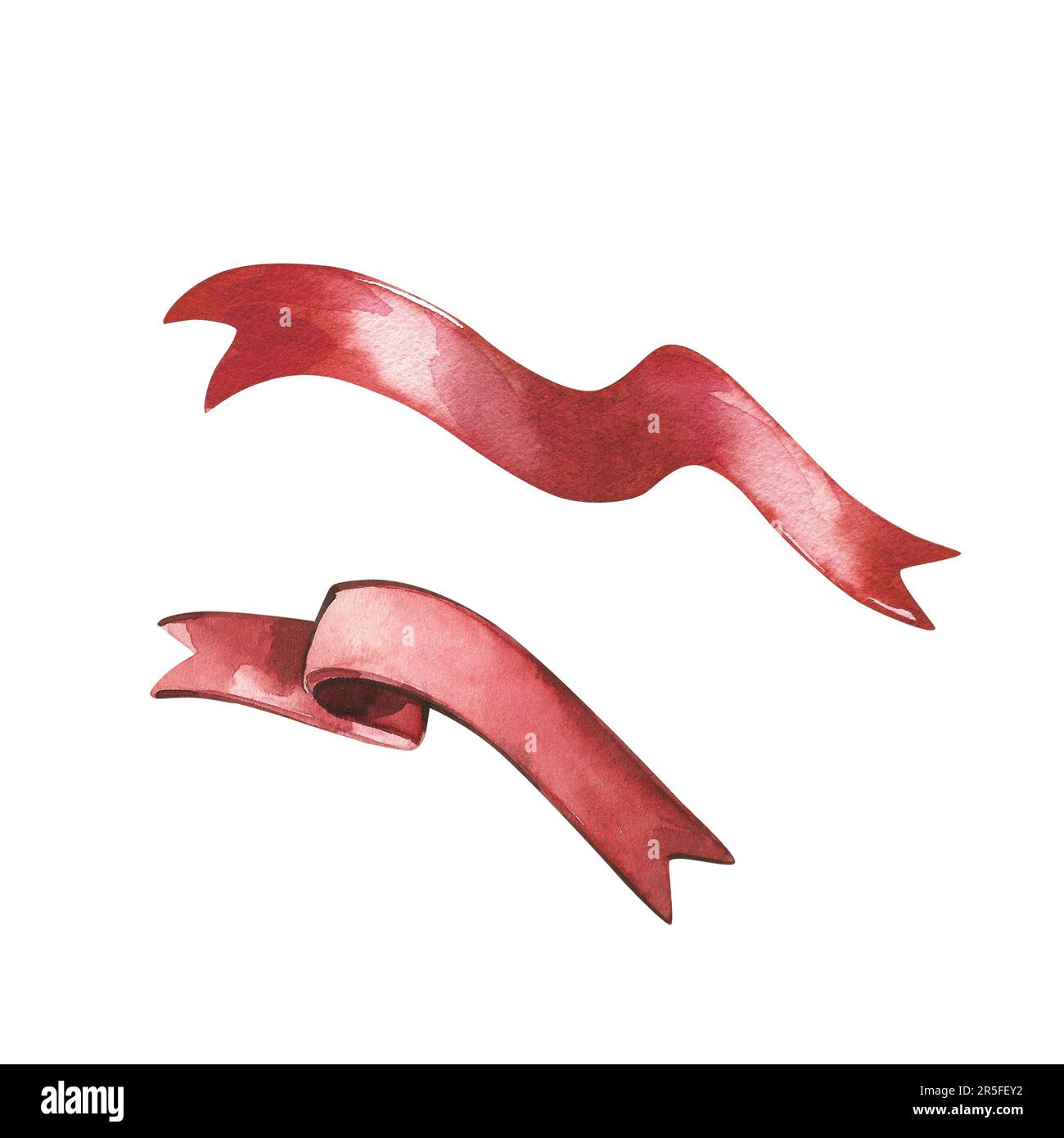 Red silk ribbon isolated on white background. Watercolor hand drawn ...