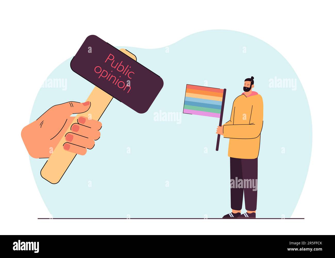 Man with lgbt flag under hammer with public opinion title Stock Vector