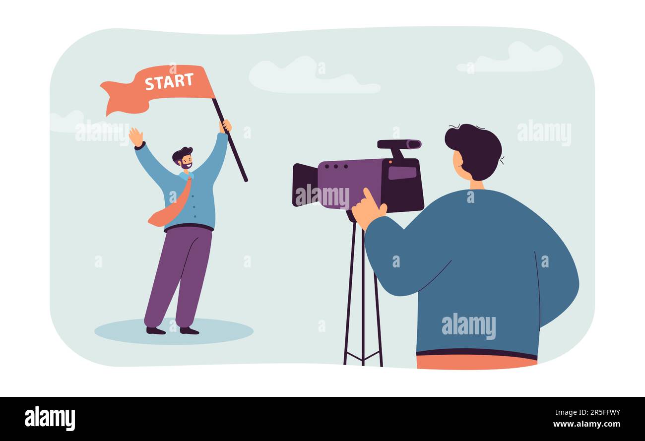 Operator behind professional camera and man with start sign Stock Vector