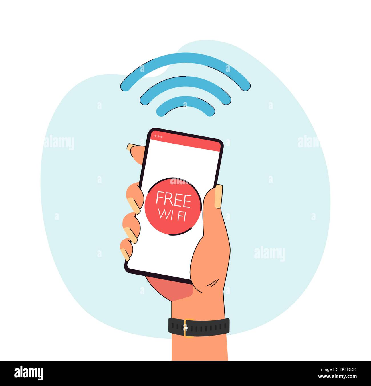 Hand holding smartphone with free Wi-Fi symbol on screen Stock Vector