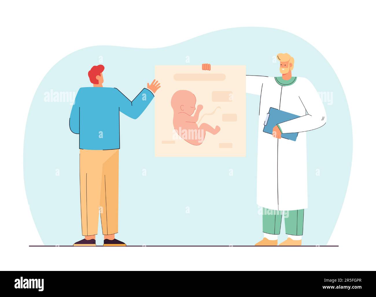 Male cartoon doctor showing student infographics with baby Stock Vector