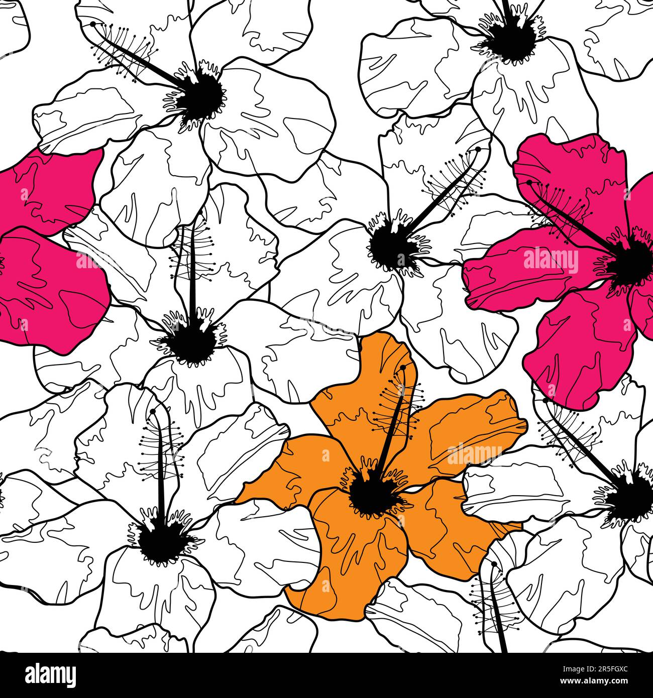 Black and white seamless pattern with vibrant hibiscus flowers Stock ...