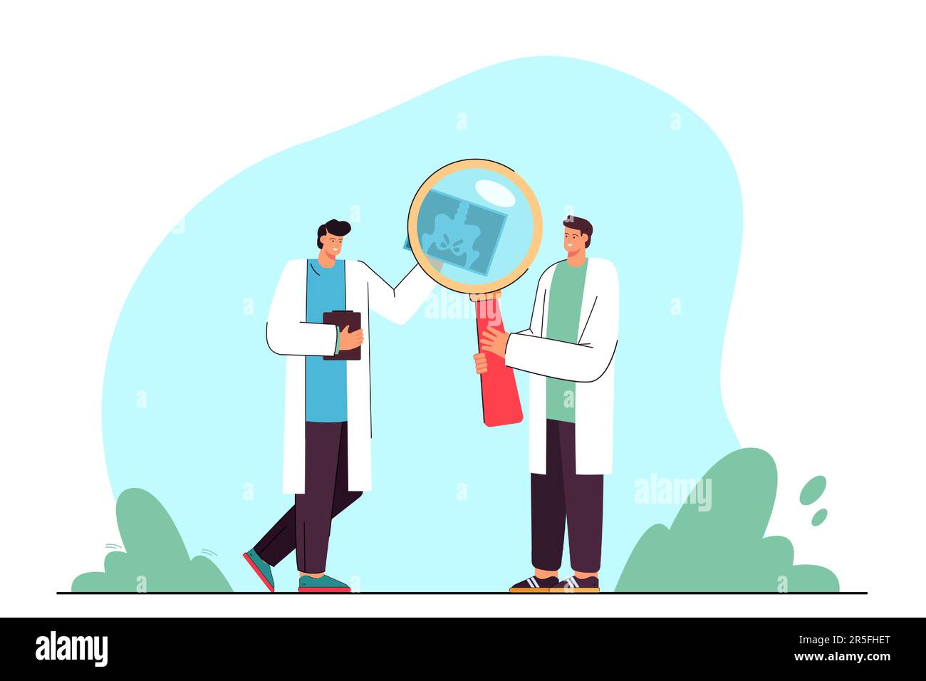 Cartoon doctors analyzing xray of pelvis with magnifier Stock Vector