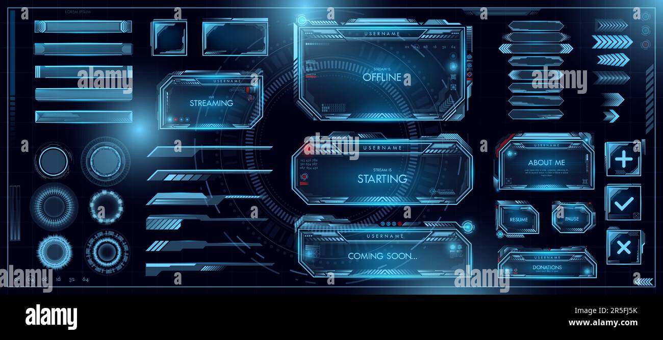 Futuristic game interface, hud holograms collection. Ui space frame, scifi button monitor or panel, frames and buttons, digital science menu. Blue glo Stock Vector