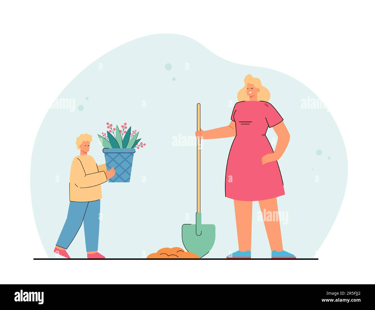 Cartoon son with potted plant and mother with shovel Stock Vector Image & Art - Alamy
