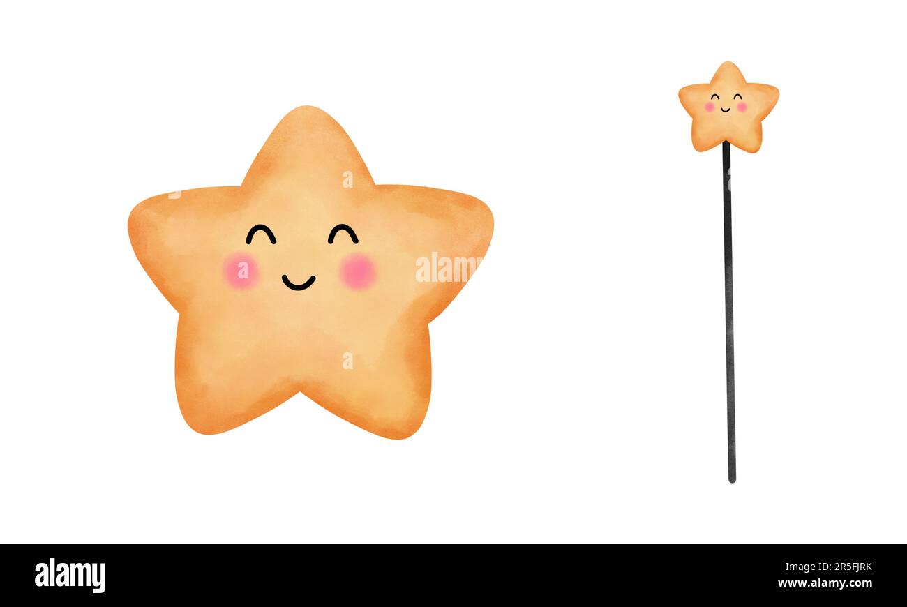 Watercolor cute star and magic wand clipart. Hand drawn watercolor star and magic wand illustration isolated on white background.nursery decoration Stock Photo