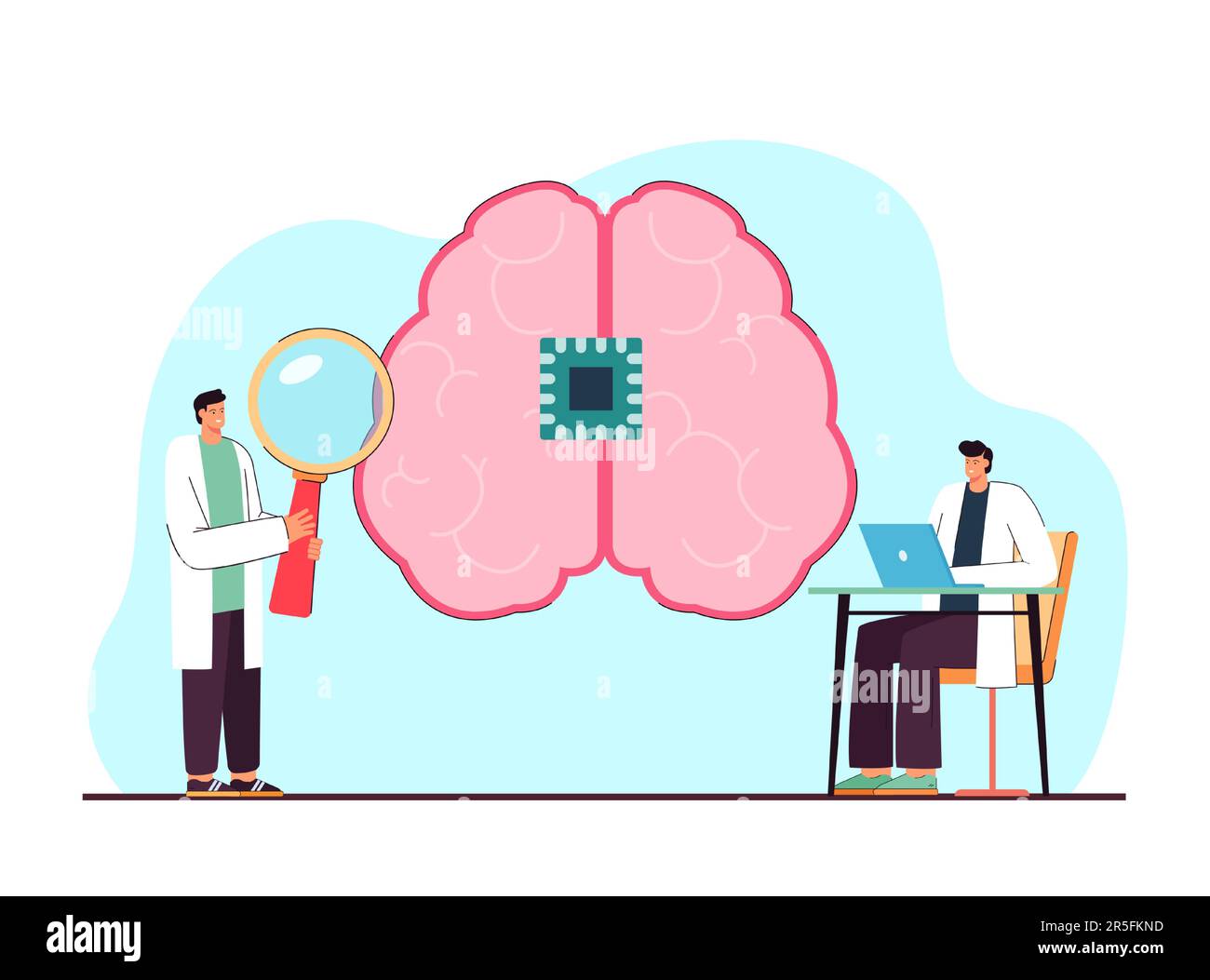 Cartoon doctor with magnifier studying brain with microchip Stock Vector