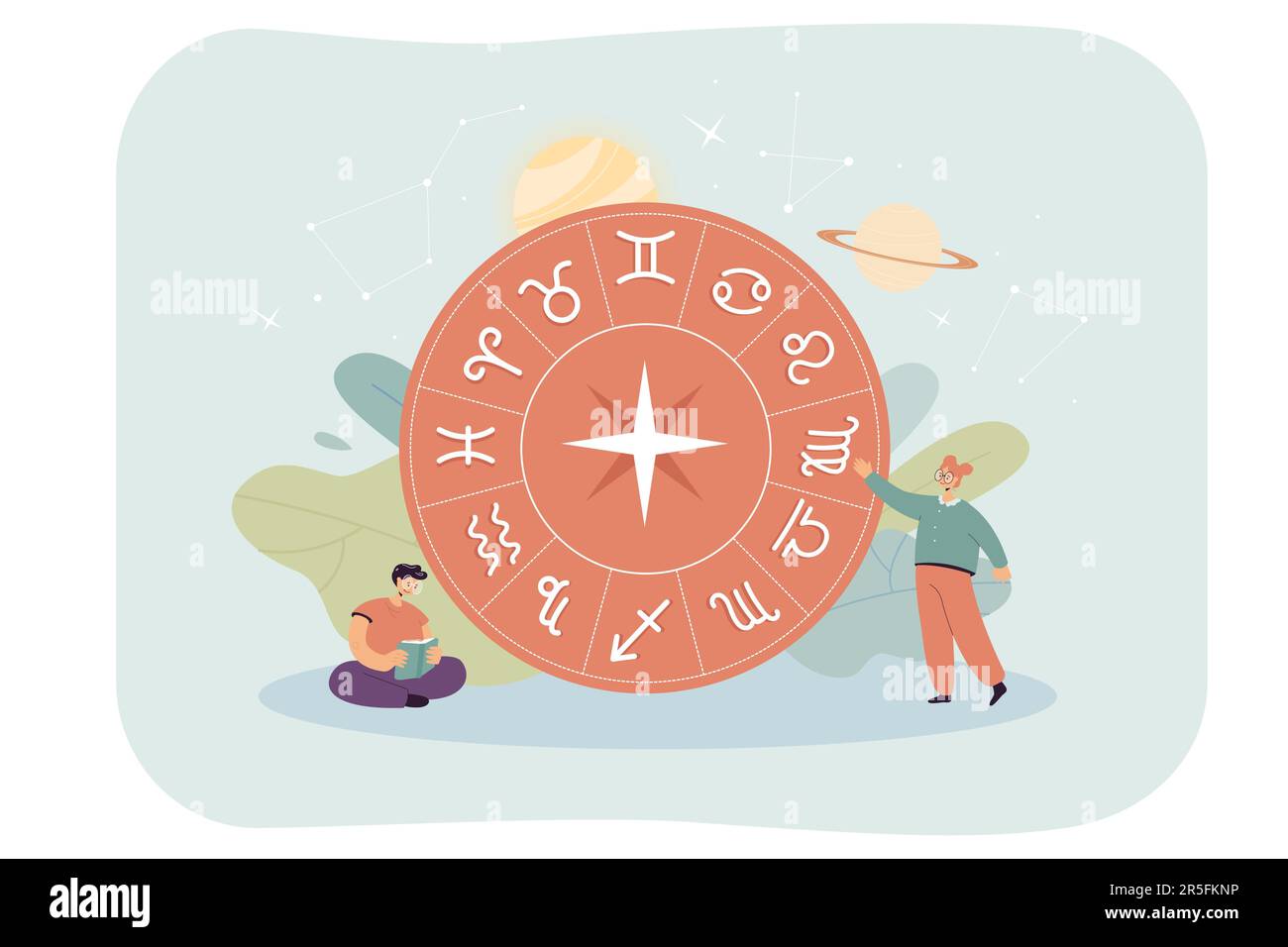 Tiny persons and horoscope circle with zodiac signs Stock Vector