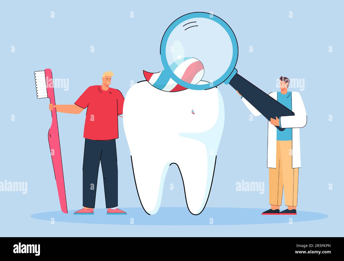 Tiny dentist looking at tooth through magnifying glass Stock Vector ...