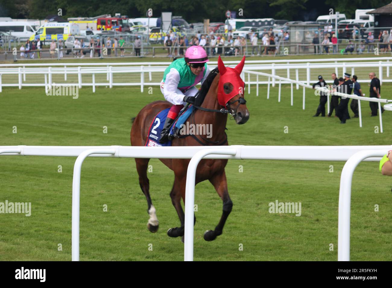 Epsom Downs Surrey, UK. 3rd June, 2023. Frankie Dettori riding number 2 Arrest on his way to the start at Tattenham Corner, Epsom. The pre race favourite only came 11th at the world famous Epsom Derby in Frankie's last appearance as a jockey at Epsom. Credit: Julia Gavin/Alamy Live News Stock Photo