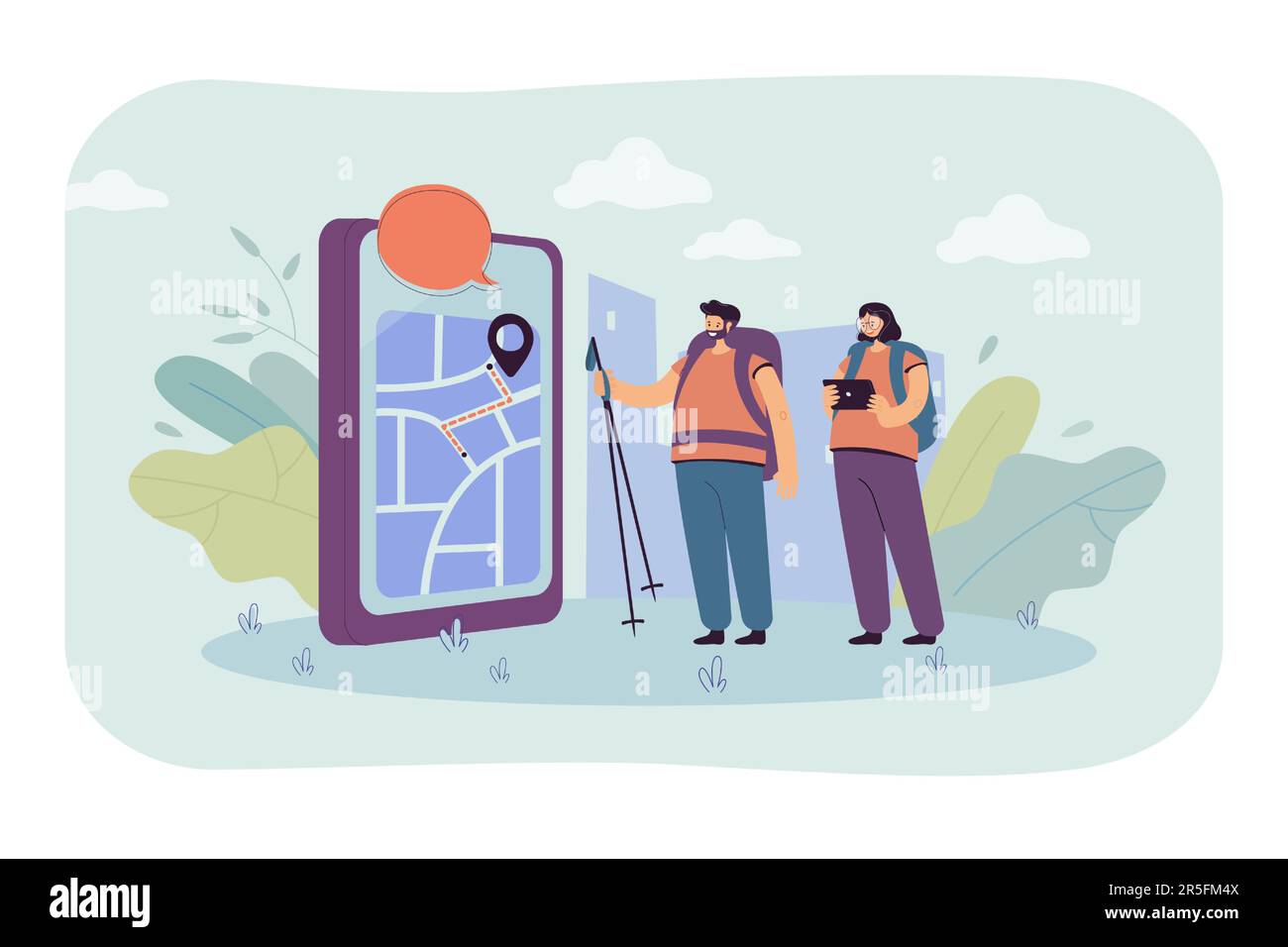Tiny backpackers looking at smartphone with map and route on it Stock Vector