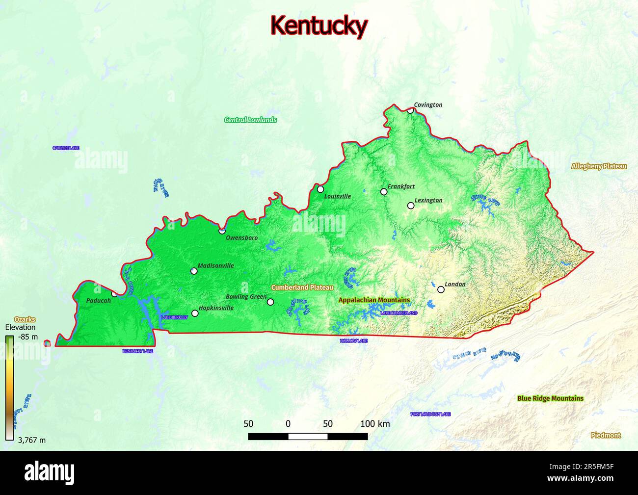Physical map of Kentucky shows landform features such as mountains, hills, plains, bridges, rivers, lakes Stock Photo