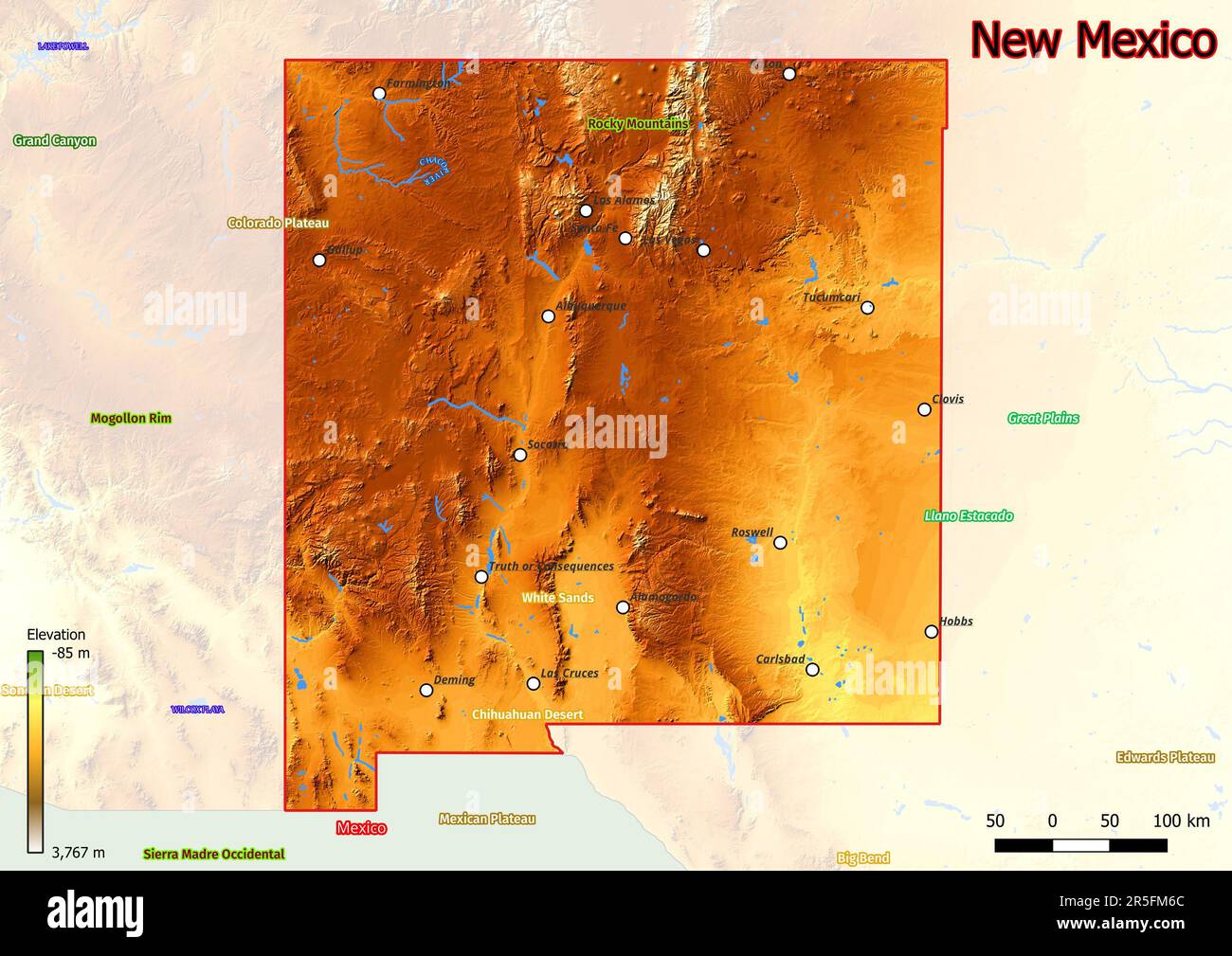 Physical map of New Mexico with mountains, plains, bridges, rivers, lakes, mountains, cities Stock Photo