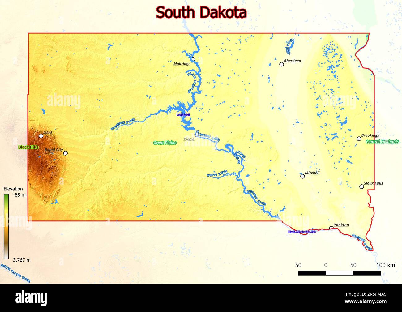Physical map of South Dakota with mountains, plains, bridges, rivers