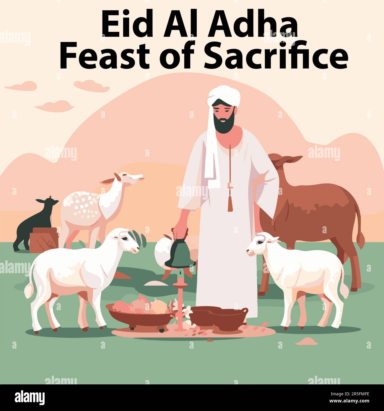 Eid Al Adha Feast of Sacrifice flat vector illustration. Stock Vector