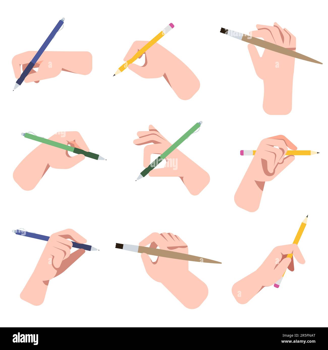 Hands holding pens, pencils and brushes vector illustrations set Stock