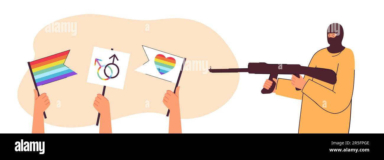 Man aiming rifle at LGBT people holding rainbow flags Stock Vector