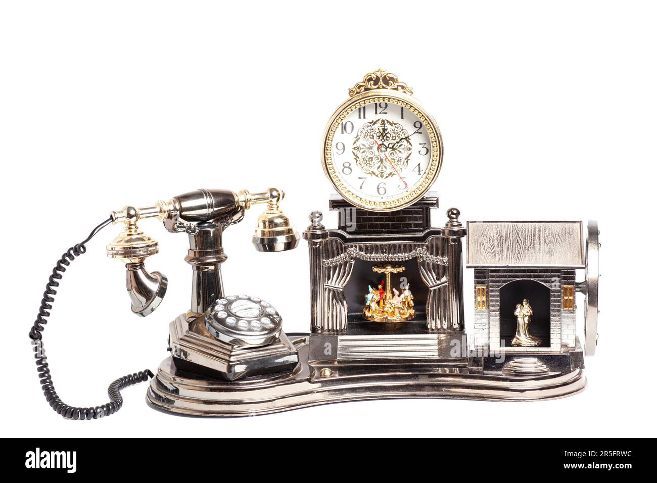Vintage telephone with antique clock isolated on white Stock Photo - Alamy