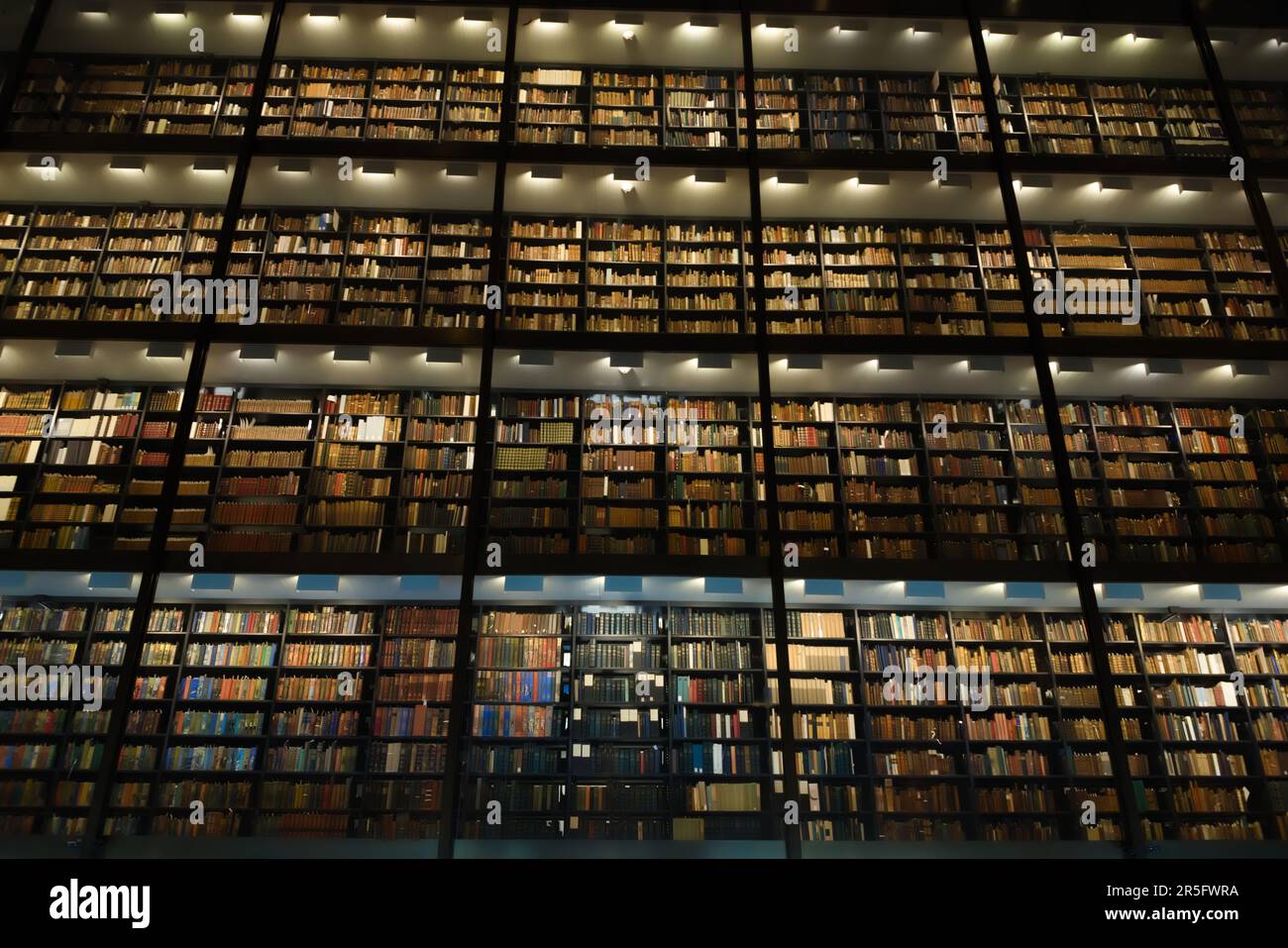 A vault of rare and treasured books catalogued and displayed in a sealed glass tower at the