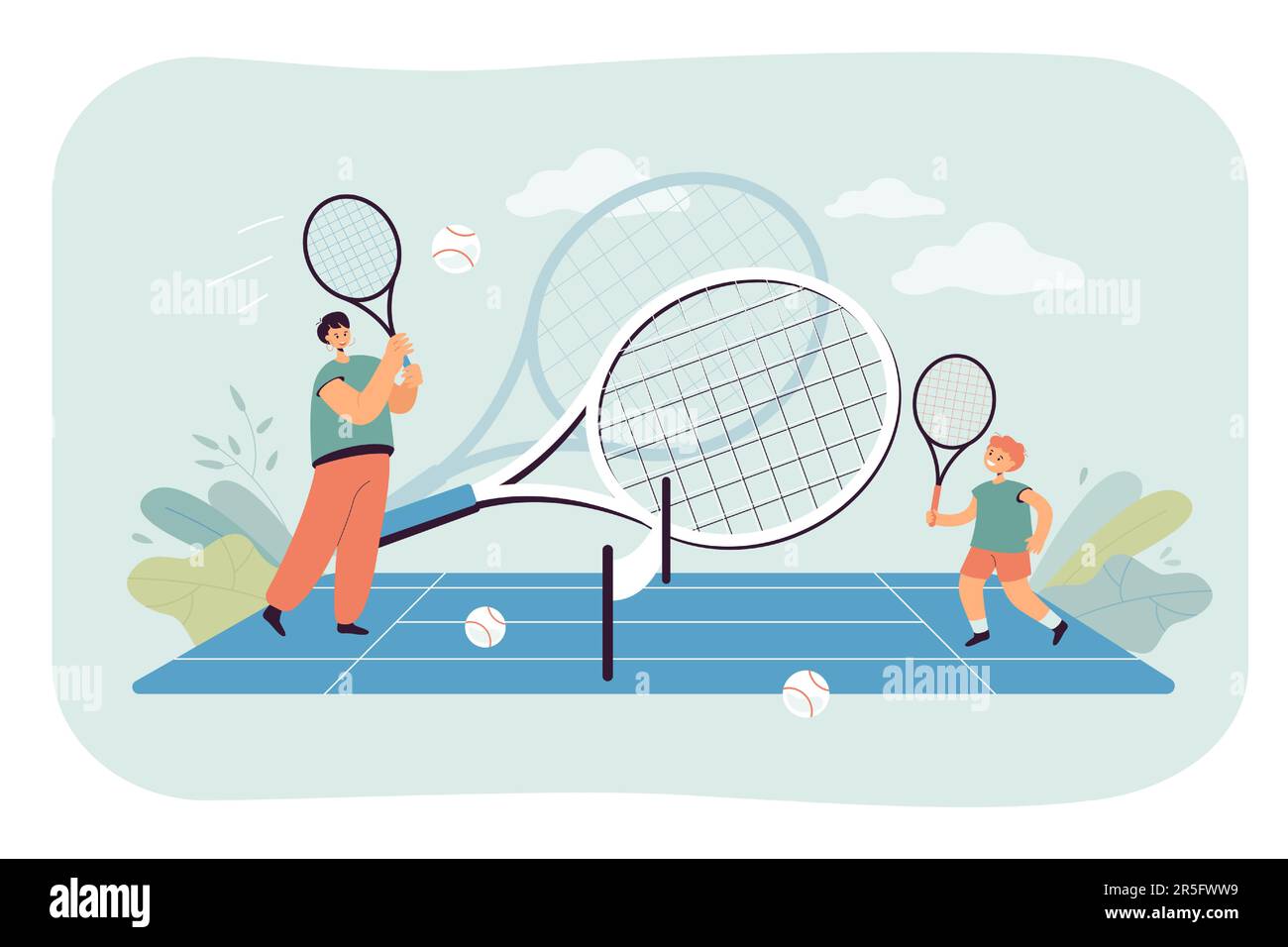 Female coach or mother and boy playing junior tennis together Stock Vector