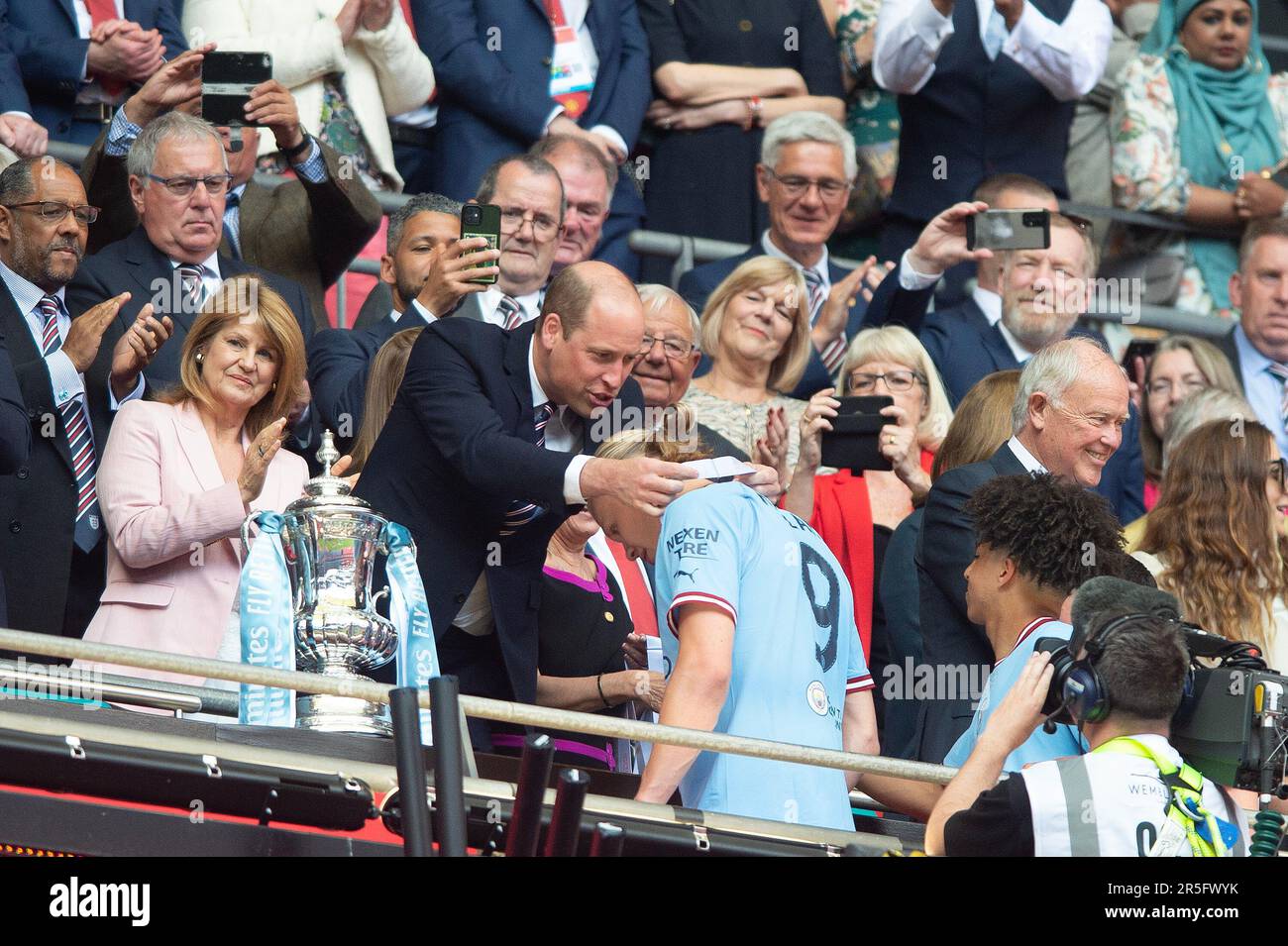London, UK. 03rd June, 2023. HRH The Price of Wales give the medal to Erling Håland of Manchester City during the The FA Cup Final match between Manchester City and Manchester United at Wembley Stadium, London, England on 3 June 2023. Photo by Salvio Calabrese. Editorial use only, license required for commercial use. No use in betting, games or a single club/league/player publications. Credit: UK Sports Pics Ltd/Alamy Live News Stock Photo