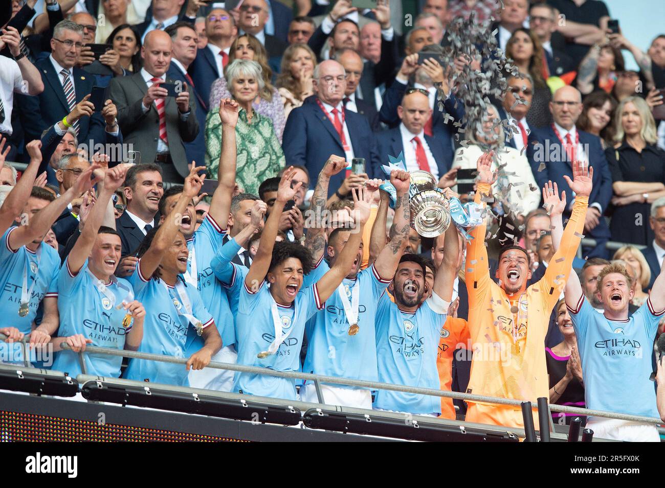 London, UK. 03rd June, 2023. Manchester City players lift the trophy during the The FA Cup Final match between Manchester City and Manchester United at Wembley Stadium, London, England on 3 June 2023. Photo by Salvio Calabrese. Editorial use only, license required for commercial use. No use in betting, games or a single club/league/player publications. Credit: UK Sports Pics Ltd/Alamy Live News Stock Photo