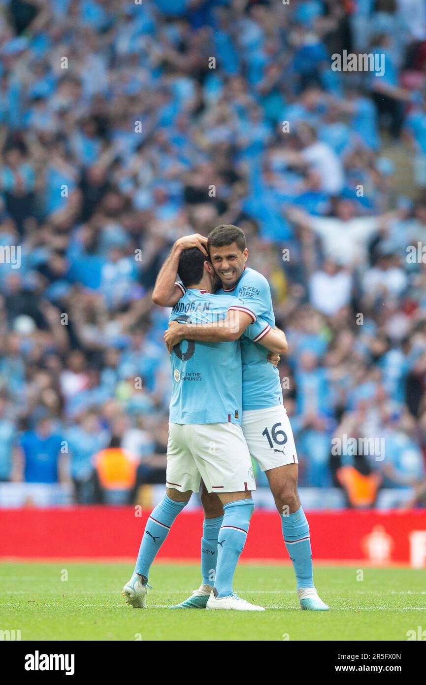 London, UK. 03rd June, 2023. Rodri of Manchester City and İlkay Gündoğan of Manchester City celebrates during the The FA Cup Final match between Manchester City and Manchester United at Wembley Stadium, London, England on 3 June 2023. Photo by Salvio Calabrese. Editorial use only, license required for commercial use. No use in betting, games or a single club/league/player publications. Credit: UK Sports Pics Ltd/Alamy Live News Stock Photo