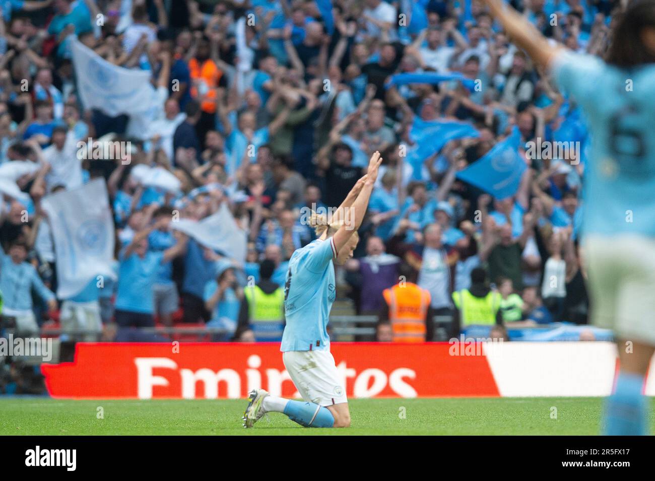 London, UK. 03rd June, 2023. Erling Håland of Manchester City celebrates the victory at the final whistle during the The FA Cup Final match between Manchester City and Manchester United at Wembley Stadium, London, England on 3 June 2023. Photo by Salvio Calabrese. Editorial use only, license required for commercial use. No use in betting, games or a single club/league/player publications. Credit: UK Sports Pics Ltd/Alamy Live News Stock Photo