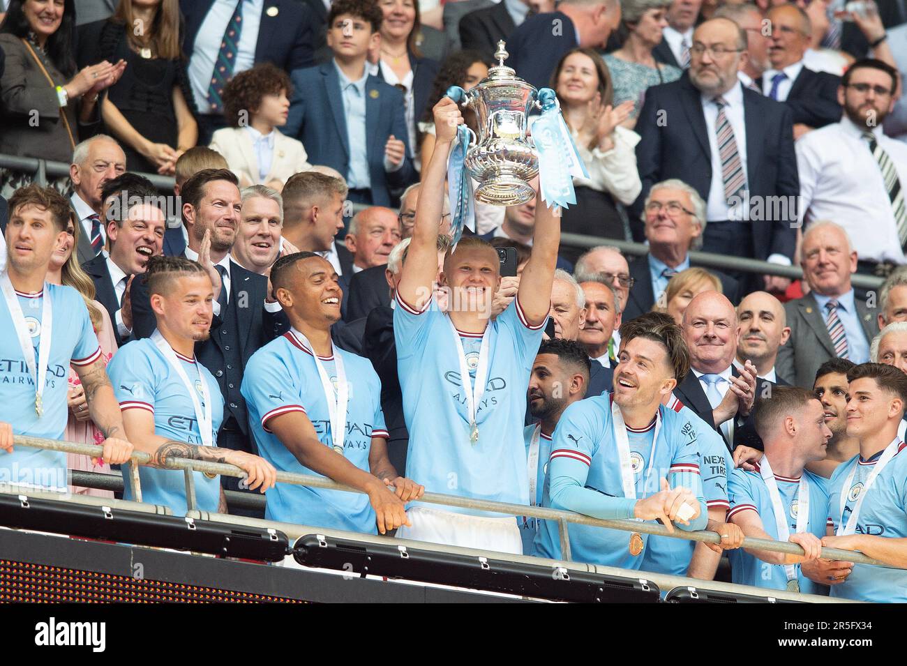 London, UK. 03rd June, 2023. Erling Håland of Manchester City lifts the trophy during the The FA Cup Final match between Manchester City and Manchester United at Wembley Stadium, London, England on 3 June 2023. Photo by Salvio Calabrese. Editorial use only, license required for commercial use. No use in betting, games or a single club/league/player publications. Credit: UK Sports Pics Ltd/Alamy Live News Stock Photo