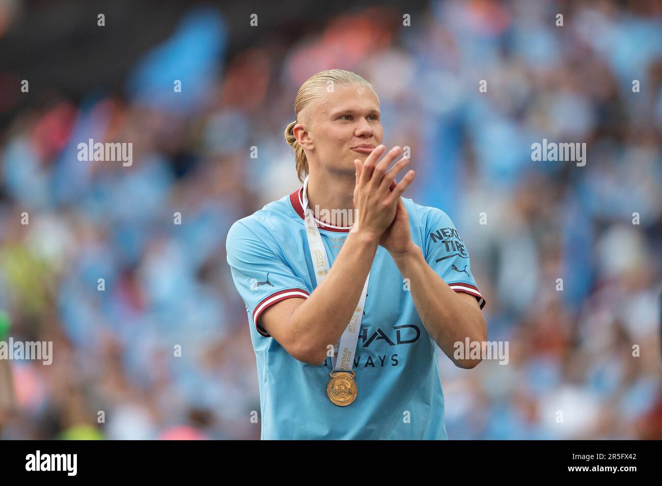 London, UK. 03rd June, 2023. Erling Håland of Manchester City celebrates during the The FA Cup Final match between Manchester City and Manchester United at Wembley Stadium, London, England on 3 June 2023. Photo by Salvio Calabrese. Editorial use only, license required for commercial use. No use in betting, games or a single club/league/player publications. Credit: UK Sports Pics Ltd/Alamy Live News Stock Photo