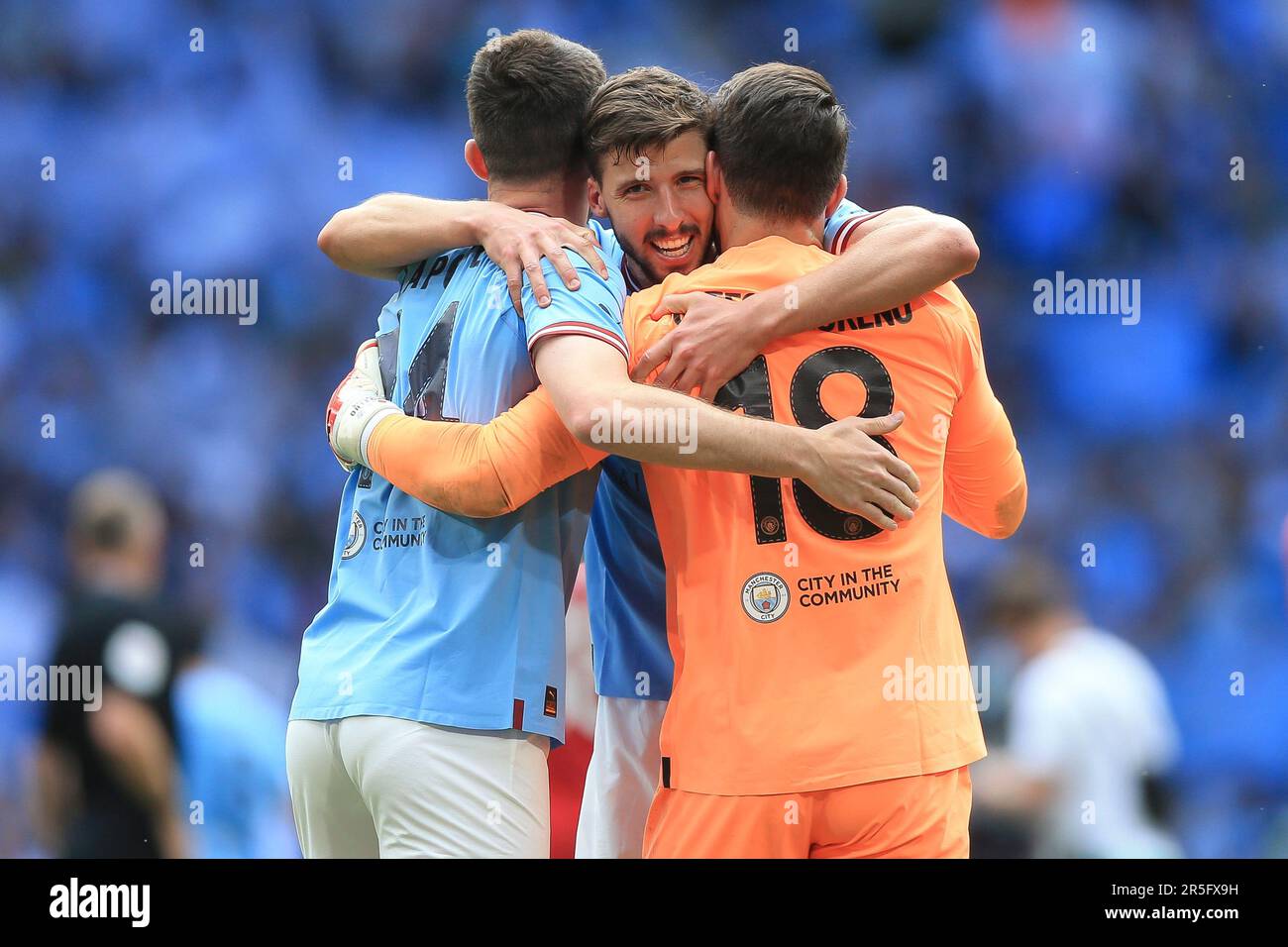 London, UK. 03rd June, 2023. Aymeric Laporte of Manchester City, Rodri of  Manchester City and Stefan Ortega of Manchester City celebrate after the FA  Cup Final match between Manchester City and Manchester