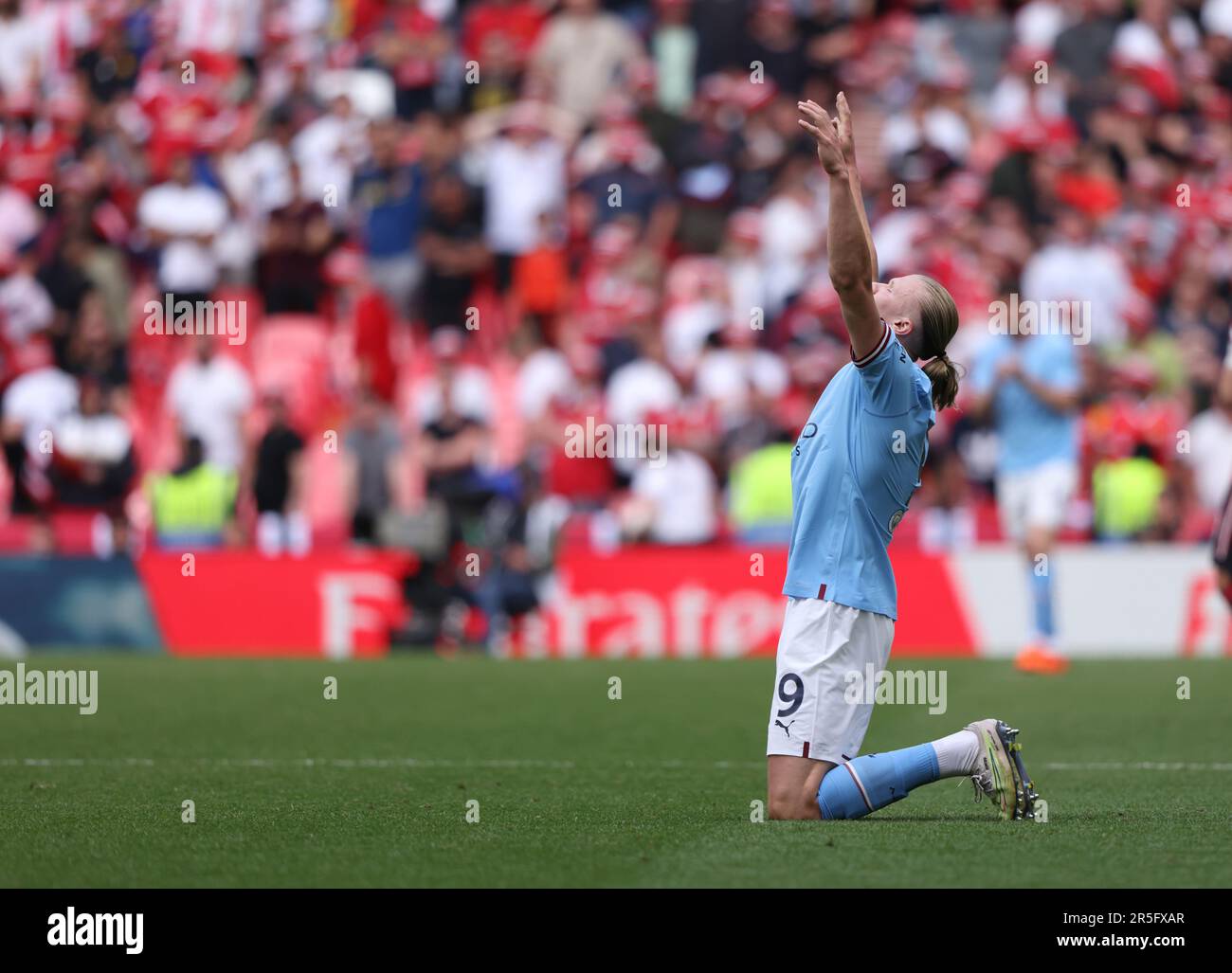 London, UK. 03rd June, 2023. Erling Haaland (MC) celebrates the win at