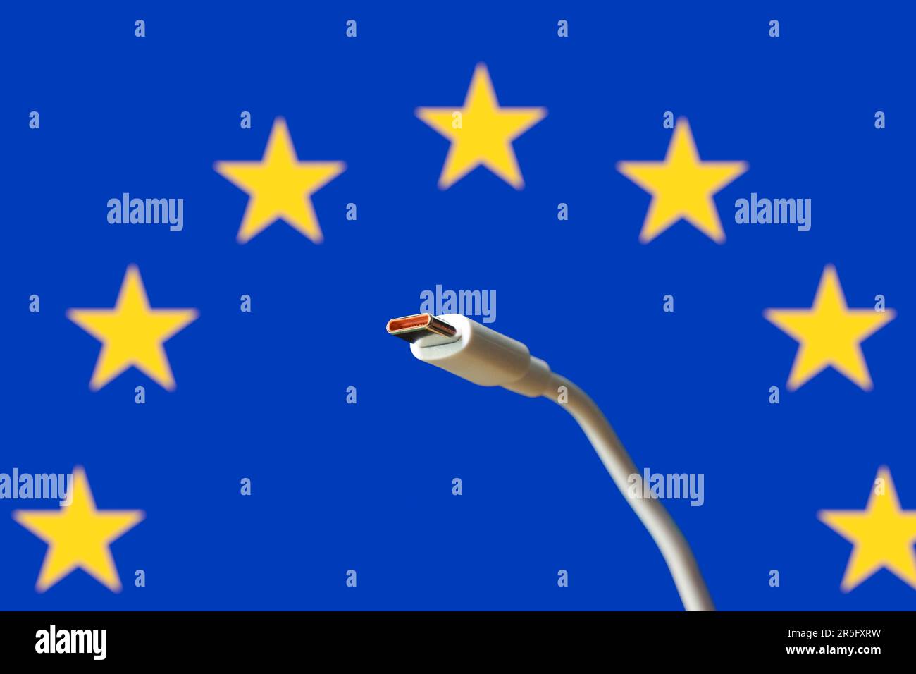 USB-C cable with the European Union Flag on the background Stock Photo