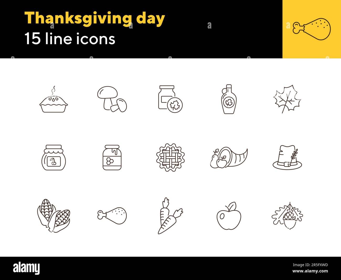 Thanksgiving day line icon set with cornucopia Stock Vector