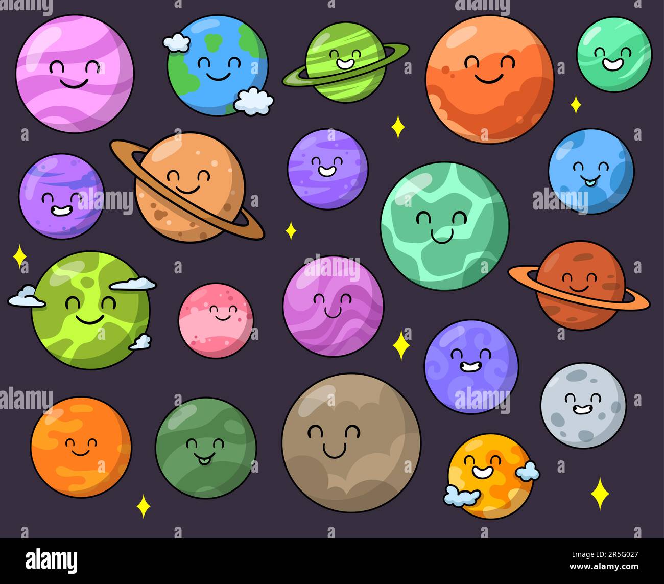 Cute happy planet cartoon characters sticker set Stock Vector